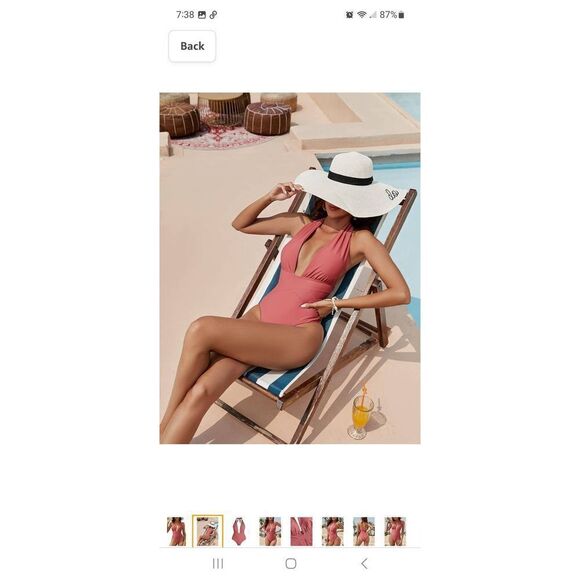 6 Zaful Pink Brick Red Halter Neck Deep Plunge One Piece Swimsuit Bathing Suit - Picture 2 of 10